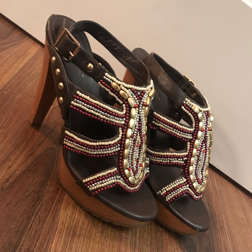 BCBG Beaded High Heel Platform Wood Sandal